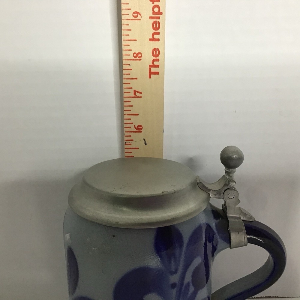 Stein-Mug Stoneware Vintage‎ Primitive Inspired Blue Floral With Lid Beer Stein - Picture 7 of 9